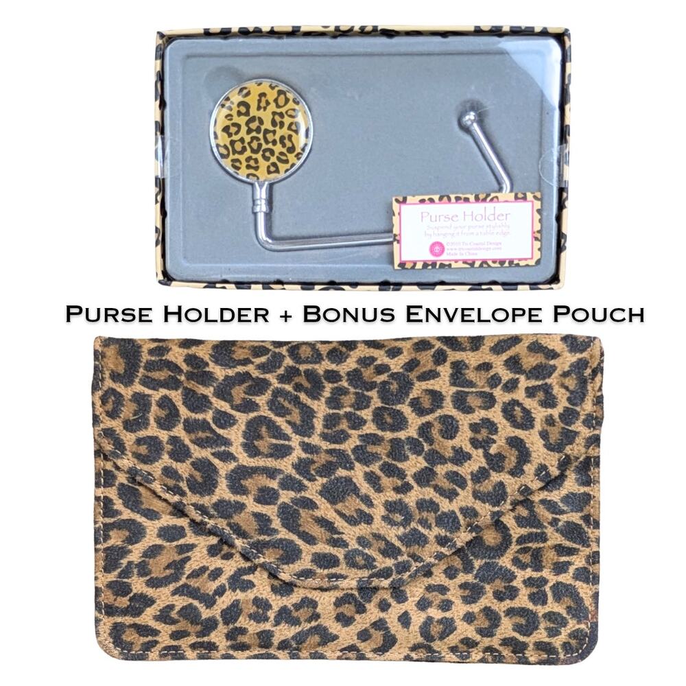 Tri-Coastal Purse Holder Table Hang Leopard Print NEW + Faux Leopard   Pouch